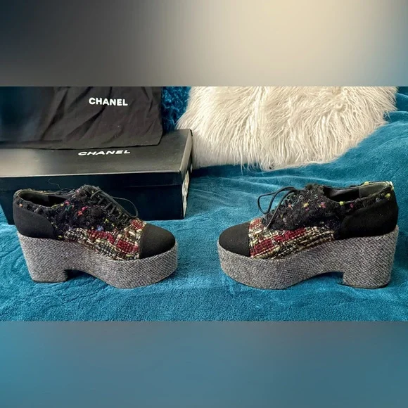 CHANEL 2013 platform plaid tweed loafers / shoes Luxury size EU 38 / US 7.5 - Picture 13 of 17